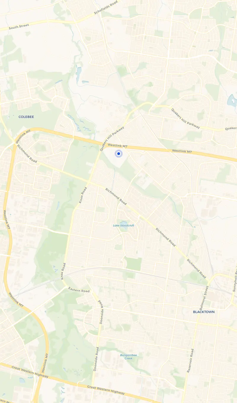 Map of the Quakers Hill service area and the surrounding suburbs we cover.