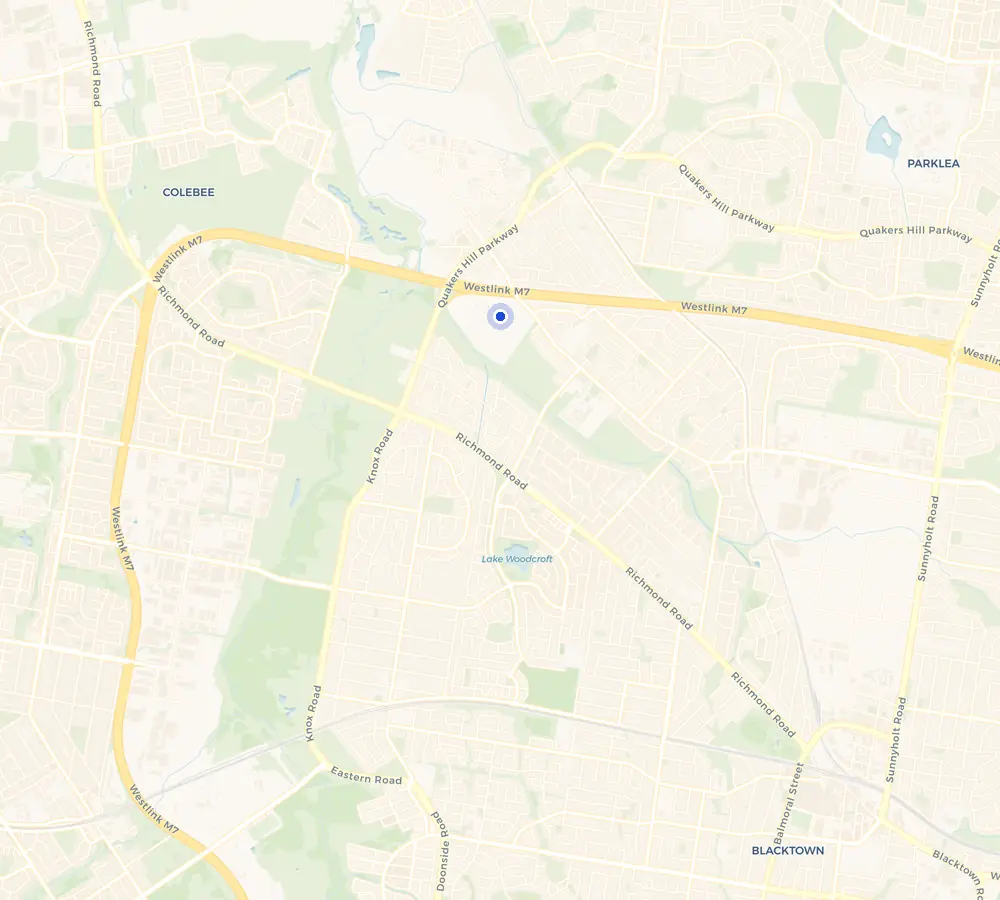 Map of the Quakers Hill service area and the surrounding Western Sydney, showing Quakers Hill and the nearby streets we cover.