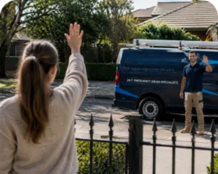 Customer waving goodbye to a plumber in Quakers Hill